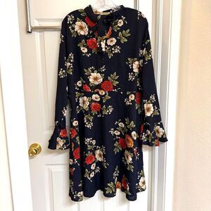Acevog Floral Long Sleeve Dress - navy blue with Red and White Flowers